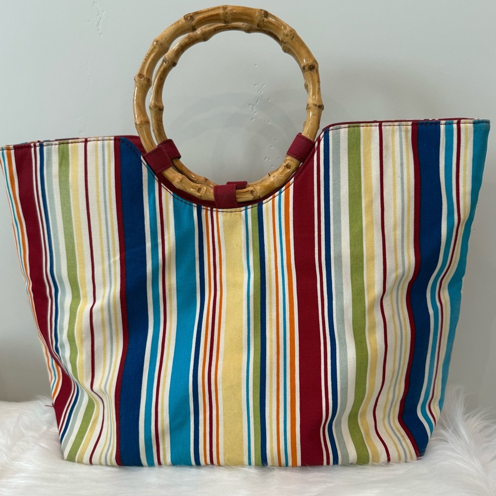 Longaberger Multicolored Striped Bamboo Ring Handle Canvas Handbag Tote
